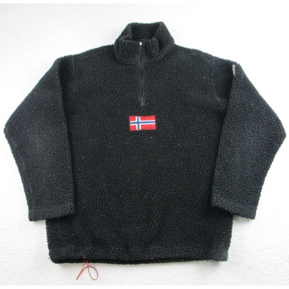 Napapijri Sweater Mens Medium‎ Black Sherpa Fleece Quarter Zip Norway Flag Patch
